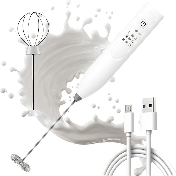 Elektromos tejhabosító, vezeték nélküli kézi mixer, USB-ről újratölthető tejhabosító, 3 sebességes, kávéhoz, cappuccinóhoz, lattéhoz, forró csokoládéhoz, 7W, fehér