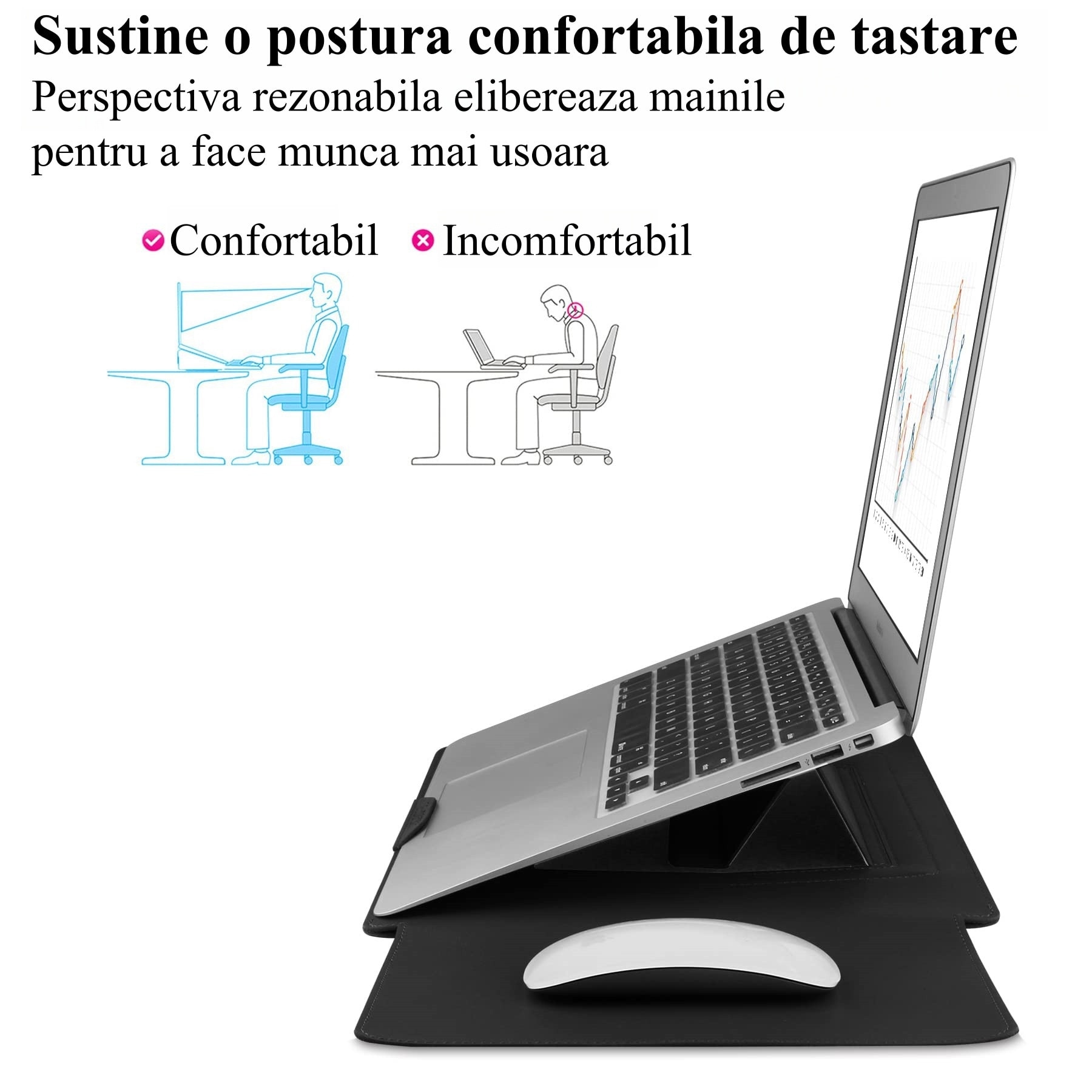 Husa laptop multifunctionala, Omelivon, 13-16 inch, negru, include geanta de depozitare si suport reglabil