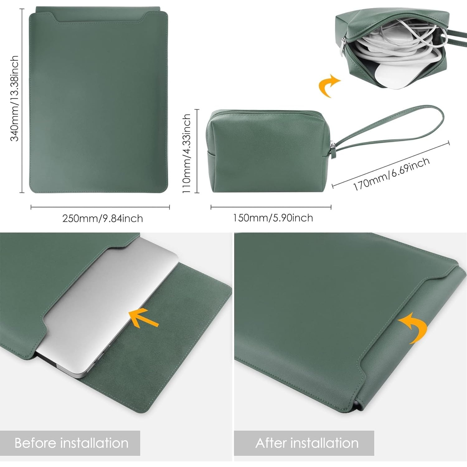 Husa laptop multifunctionala, Omelivon, 13-16 inch, impermeabila, verde, 28x37.4cm, include set de accesorii