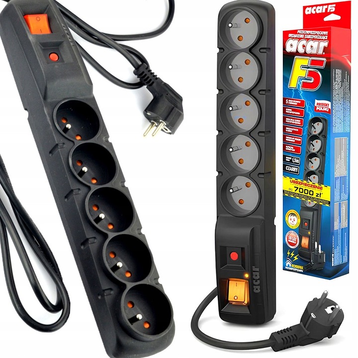 Разклонител Acar с 5 контакта, 1.5м, защита от пренапрежение, черен