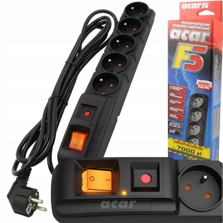 Разклонител ACAR F5, 5 гнезда, 1м, Черен, Защита от пренапрежение