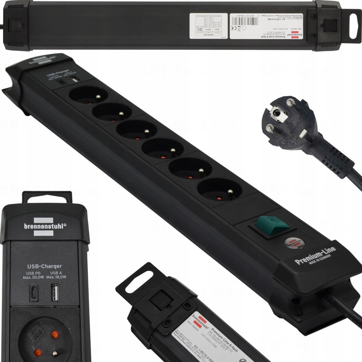 Разклонител 6 гнезда, 1x USB-C, 1x USB-A, 3м, 16A, черен