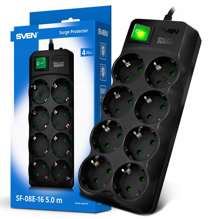 Разклонител SVEN SF-08E-16, 8 контакта, защита от пренапрежение, 5м