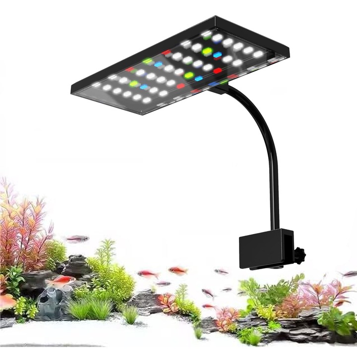 Lampă LED pentru acvariu Asskanaer, iluminare multicoloră, temporizator, neagră, 18x8x26.5cm