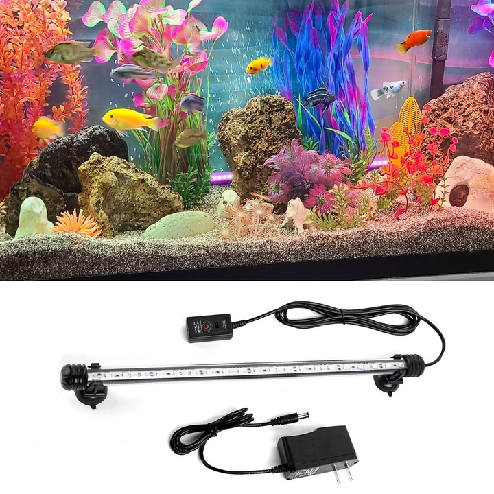 Lampa iluminare acvariu, asskanaer, Lampa LED pentru acvariu, Cu telecomanda, 3 optiuni de sincronizare, 13 variatii de culoare, 2W, Impermeabila IP68, Intrerupator de alimentare independent, Potrivit pentru acvariu de 22.86-40.64cm, Acril, 49 cm, Negru