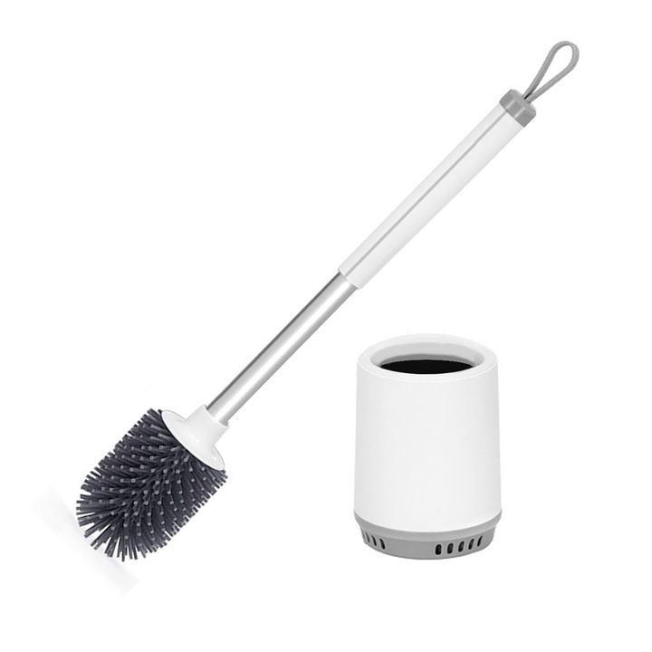 Perie WC silicon, sskanaer, Perie de toaleta cu suport, Maner de aluminiu, Cap desurubabil, Cu recipient pentru scurgerea apei, Fund ventilat, Pentru orice baie, TPR, 45 * 10 * 12.5 cm, Alb-gri