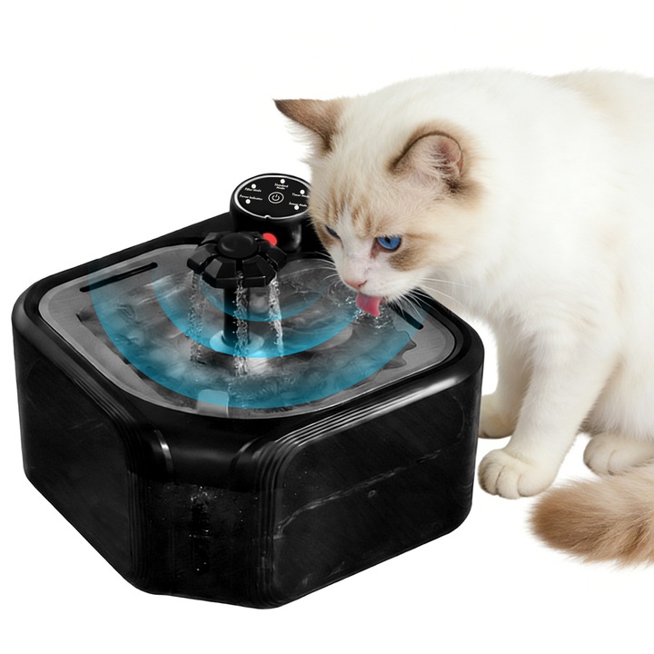 Автоматичен диспенсър за вода тип фонтан за котки и кучета, безжичен, 3 режима на фонтан, циркулация, активирана от сензори, 20db, LED осветителна система, 2.8L, материал от неръждаема стомана, черен