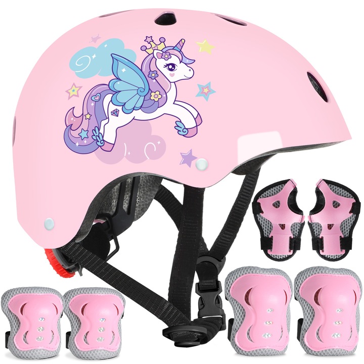 Casca Protectie Bicicleta Copii, model Unicorn, Set Casca Reglabila 7 in 1, 1 casca, 2 genunchiere, 2 cotiere, 2 protectii pentru incheieturi, pentru Ciclism, Skateboard, 2-14 ani, 48-56cm, roz