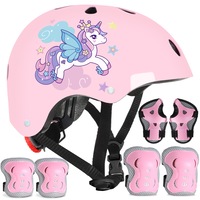 Casca Protectie Bicicleta Copii, model Unicorn, Set Casca Reglabila 7 in 1, 1 casca, 2 genunchiere, 2 cotiere, 2 protectii pentru incheieturi, pentru Ciclism, Skateboard, 2-14 ani, 48-56cm, roz