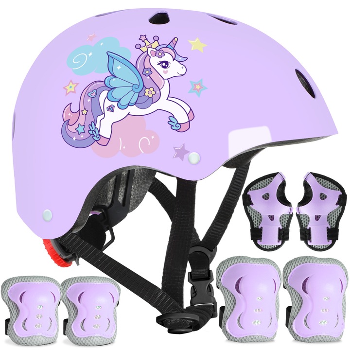 Casca Protectie Bicicleta Copii, model Unicorn, Set Casca Reglabila 7 in 1, pentru Ciclism, Patinaj, Skateboard, 2-14 ani, 48-56cm, mov