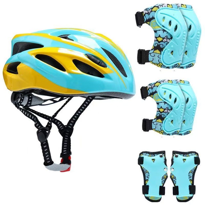 Casca Protectie Bicicleta Copii, Set Casca Reglabila 7 in 1, 1 casca, 2 genunchiere, 2 cotiere, 2 protectii pentru incheieturi, pentru Ciclism, Patinaj, Skateboard, 2-14 ani, 52-58cm, Albastra