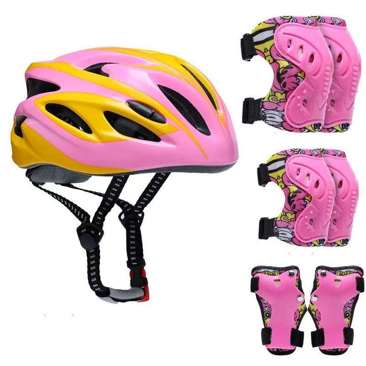 Casca Protectie Bicicleta Copii, Set Casca Reglabila 7 in 1, 1 casca, 2 genunchiere, 2 cotiere, 2 protectii pentru incheieturi, pentru Ciclism, Patinaj, Skateboard, 2-14 ani, 52-58cm, Roz