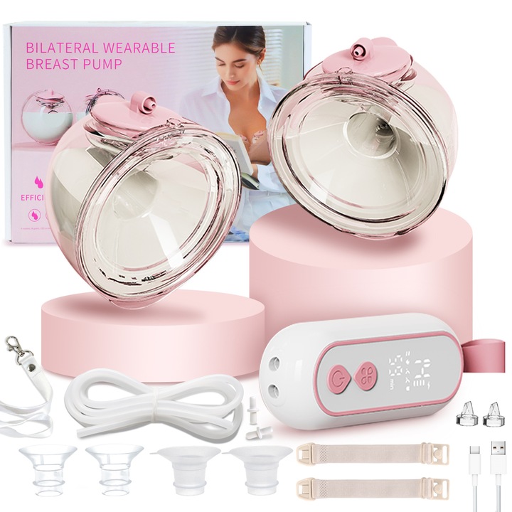 Електрическа двойна преносима помпа за кърма, Свободни ръце, 4 режима, 16 нива, 240мл*2, 1200mAh, Интелигентно сензорно дистанционно управление с LED, Тиха, функция за масаж, Дизайн против рефлукс, Розова