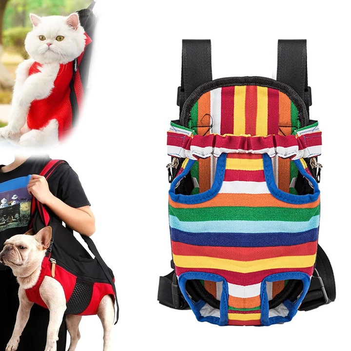 Rucsac tip marsupiu pentru caini si pisici, Asskanaer, Portabil si respirabil, Multicolor, 37x25cm