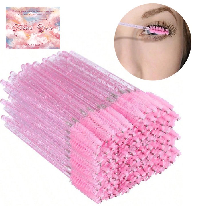 Set 50 piese pensule de unica folosinta pentru gene, maner din cristal roz, accesorii machiaj