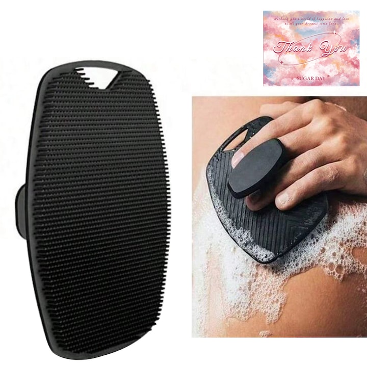 Exfoliáló fürdőkefe, sokszögletű dizájn, TPR anyag, fekete, hátrészhez való fogantyúkkal