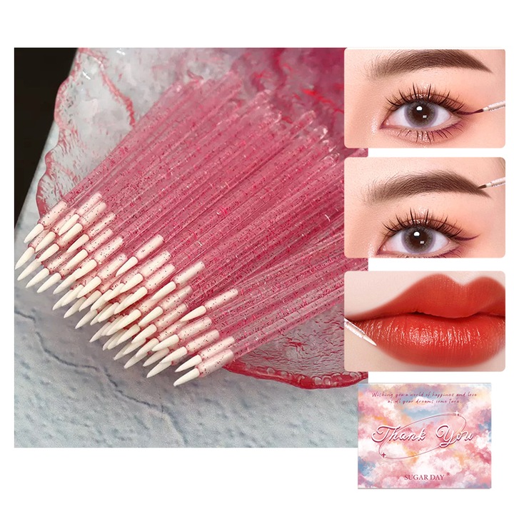 Set de pensule de machiaj multifunctionale, 50 piese, roz, cu maner din cristal roz