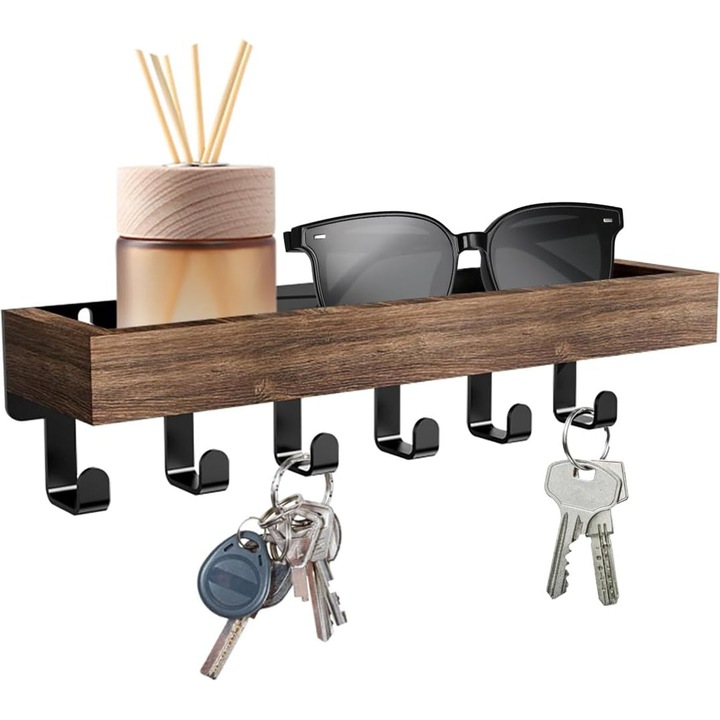 Поставка за ключове, asskanaer, Кутия за ключове с 6 закачалки, Рафт за съхранение, Премиум органайзер за стена, Мултифункционален, С 6 кукички и малък горен рафт, За антре, всекидневна, кухня, Дърво, 24.5 * 7 * 6 см, Кафяв