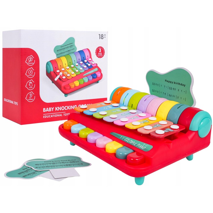 Színes xilofon kisgyermekeknek 18+ hónapos korig, hangjegyekkel és kalapáccsal