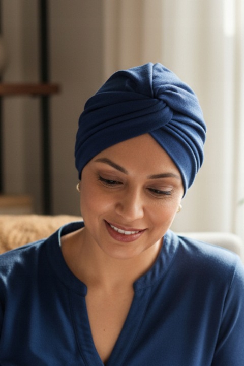 Turban dama Eva Design Flora, moale, strat dublu, bleumarin, 54-60 cm