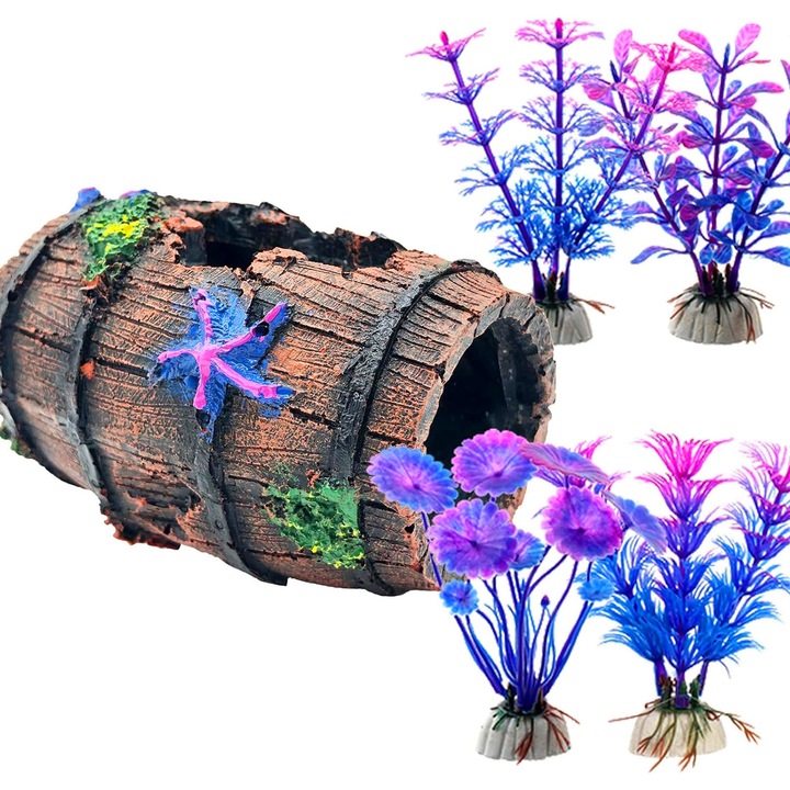 Set 5 Decoruri Acvariu Asskanaer, Galeata Decorativa cu Plante Acvatice, Non-toxic, 13x8.5x10.5cm