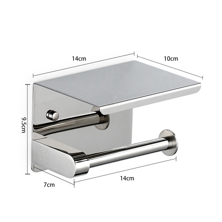 Suport hartie igienica din inox, cu raft de depozitare, montare pe perete, fara gaurire