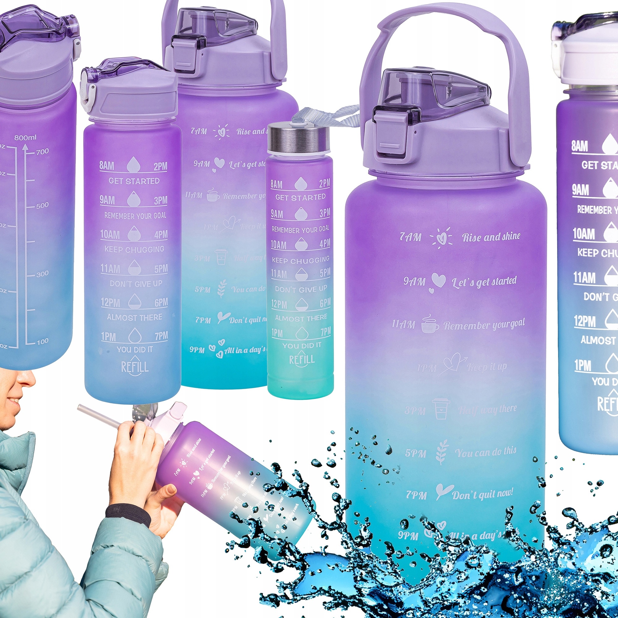 Set 3 Bidon Sticla Apa Motivationala Shaker Fitness 2L 0.7L 0.3L - eMAG.ro