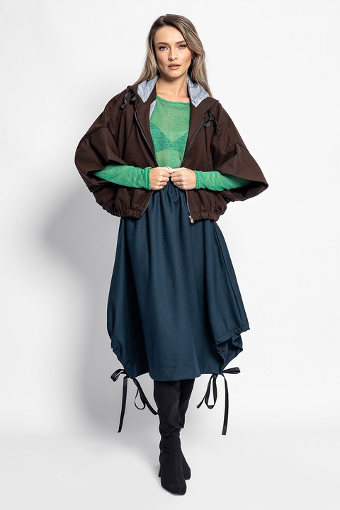 Antonia M, Jacheta din amestec de lana cu gluga si maneci 3/4, Maro inchis