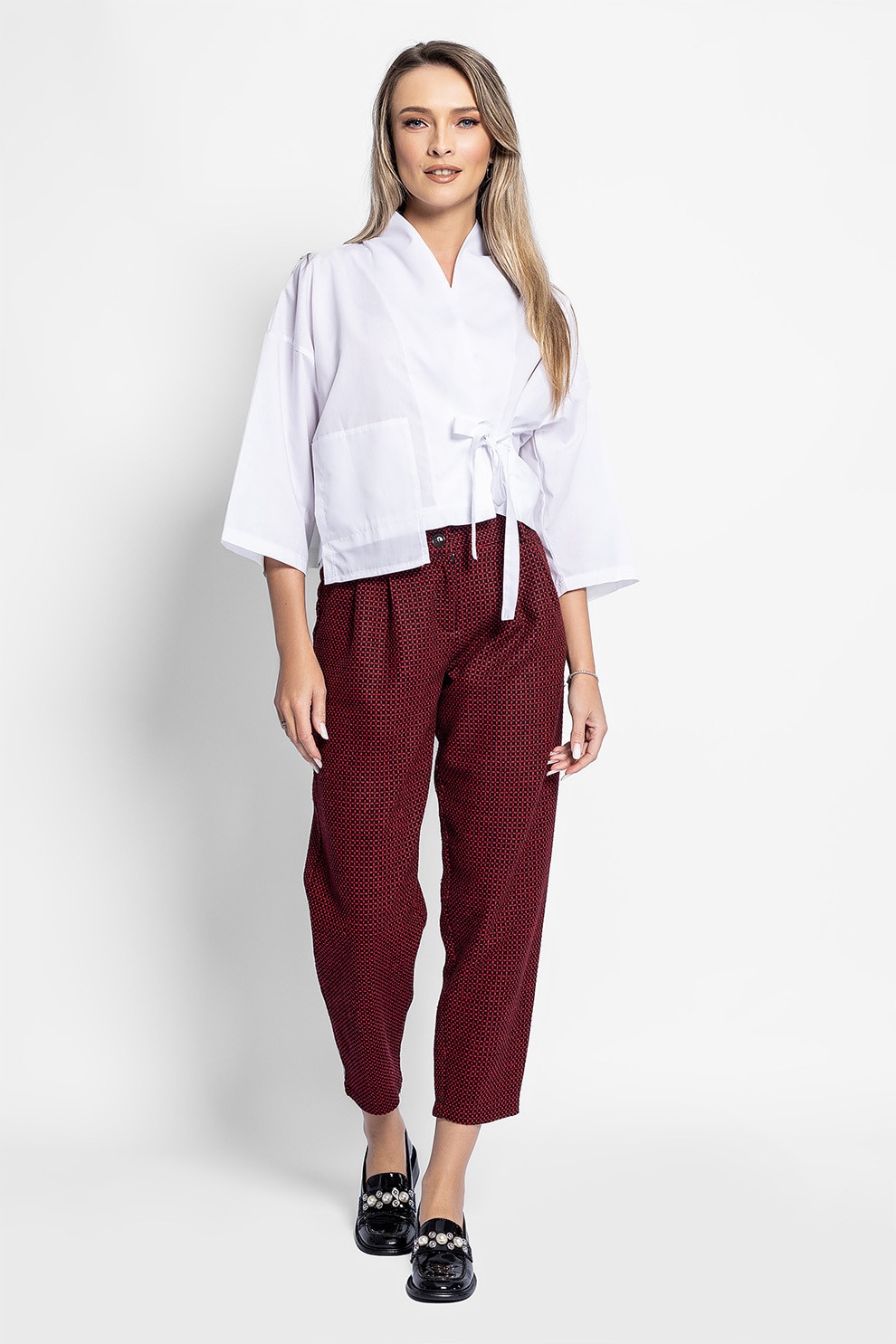 Antonia M, Pantaloni capri din amestec de lana cu talie inalta, Visiniu, S