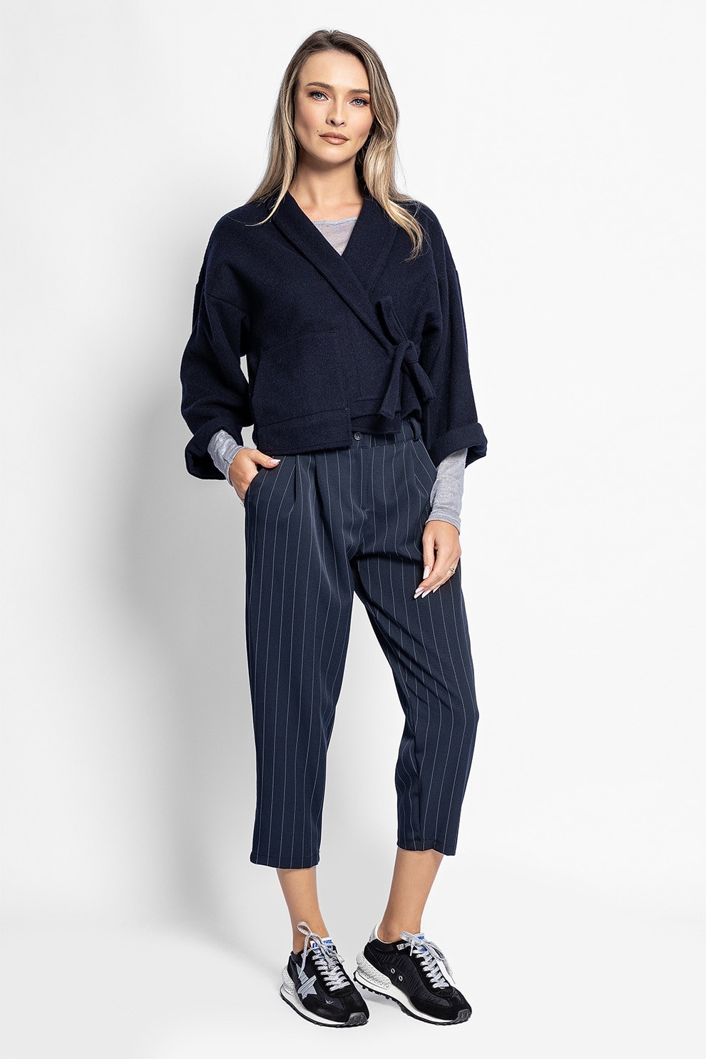 Antonia M, Pantaloni capri cu model cu dungi discrete, Bleumarin, M