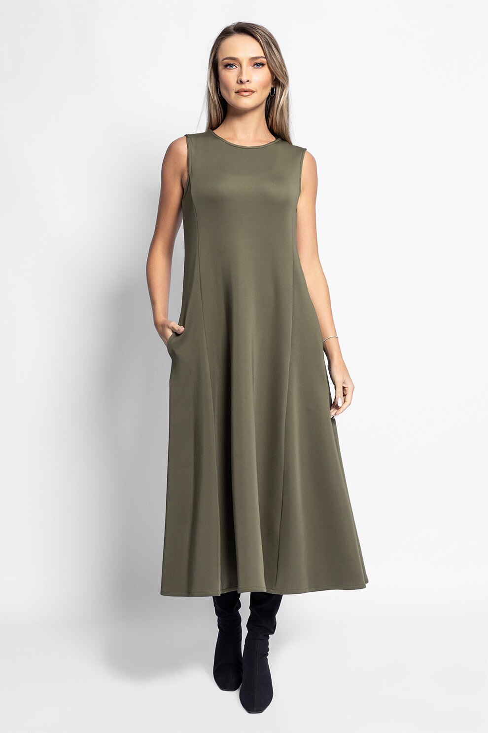 Antonia M, Fusta midi fara maneci cu buzunare laterale, Verde sparanghel, S
