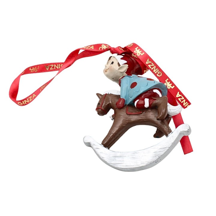 Decoratiune Ginza, Regatul de Craciun, Royal, model Elf pe calut cu balansoar, 9 cm