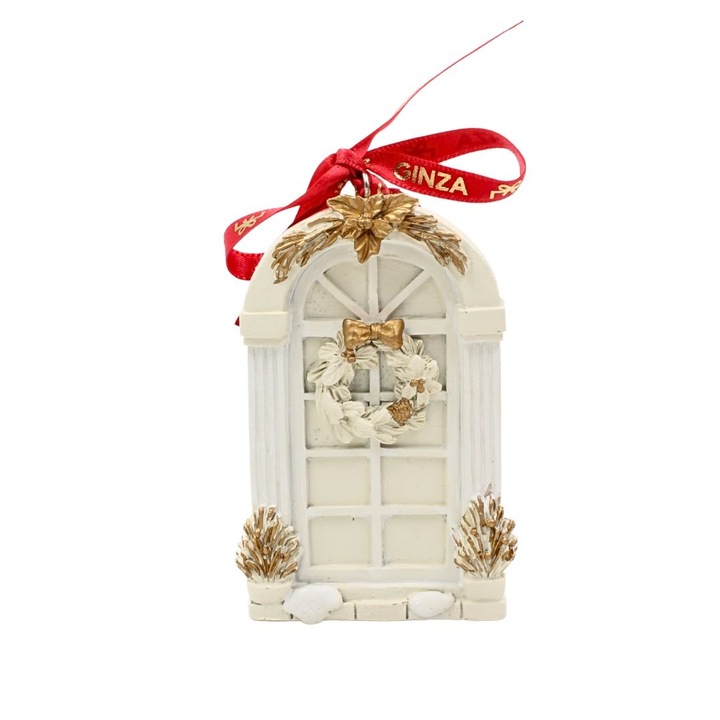 Decoratiune Ginza, Regatul de Craciun, Royal, model fereastra alba cu ghirlanda mare, 8.5 cm