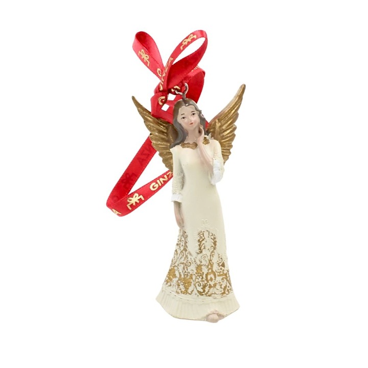 Decoratiune Ginza, Regatul de Craciun, Royal, model ingeras cu mana pe gat, alb, 8 cm