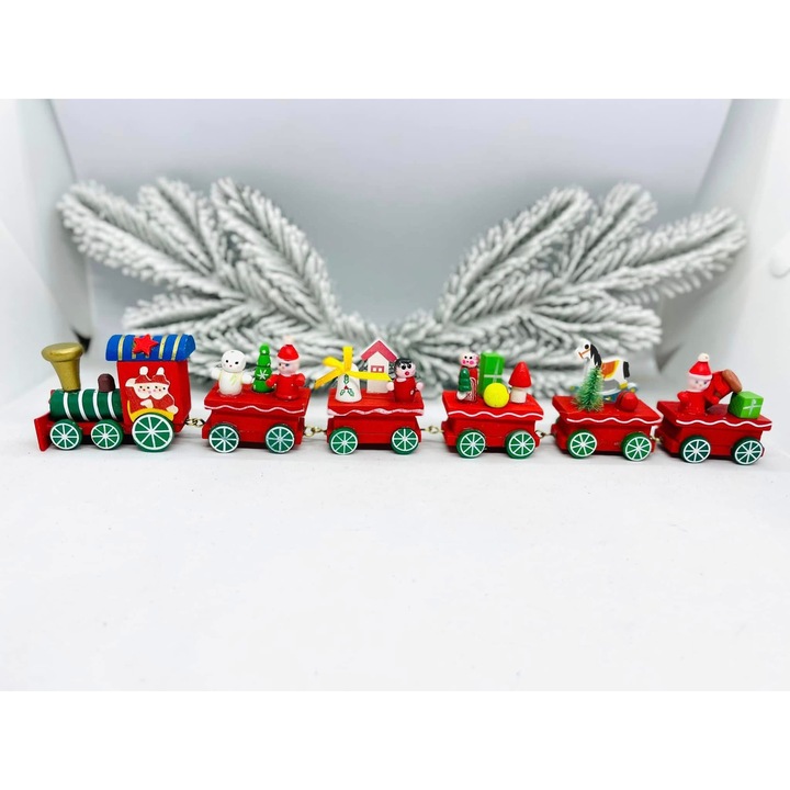 Trenulet lemn cu figurine, decoratiune Craciun 30x5cm
