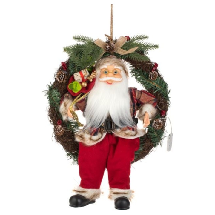 Coroana Decorativa din Lemn AB Homes, cu Mos Craciun & LED, Ø45 cm – Stralucire Rustica pentru Sarbatori