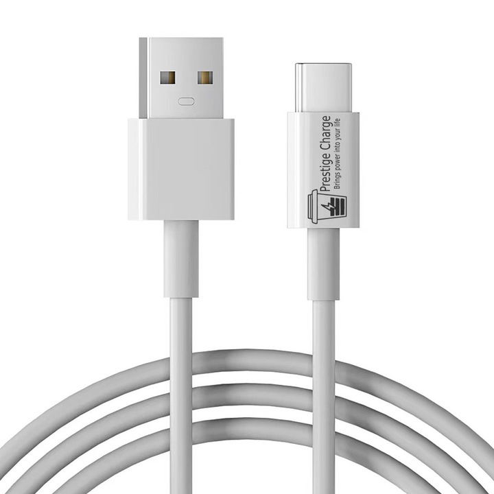 Cablu USB la USB-C PRESTIGE CHARGE®, Transfer Date si Incarcare FastCharge QC 3.0, Max 3A, Protectie la Supratensiune, Scurtcircuit, pentru Samsung si Iphone 15, Incarcare Rapida si Sigura, TPE PREMIUM, pentru Telefon, Tableta si Gadgeturi Type C, 1m, Alb