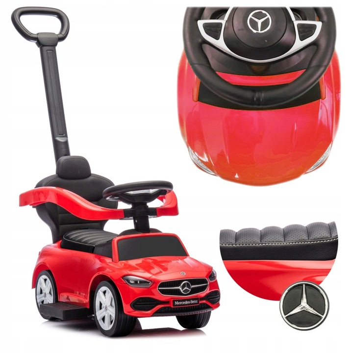 Masinuta 3 in 1 Milly Mally Mercedes C-Class Deluxe, rosu, scaun din piele ecologica, roti din cauciuc
