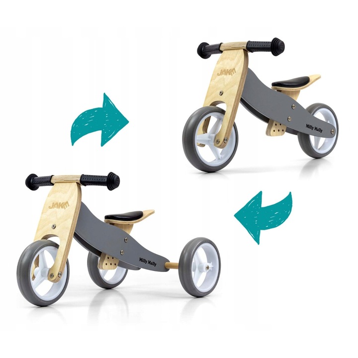 Tricicletă Milly Mally JAKE Gray, 2 în 1, lemn, roți din spumă, 12 luni+