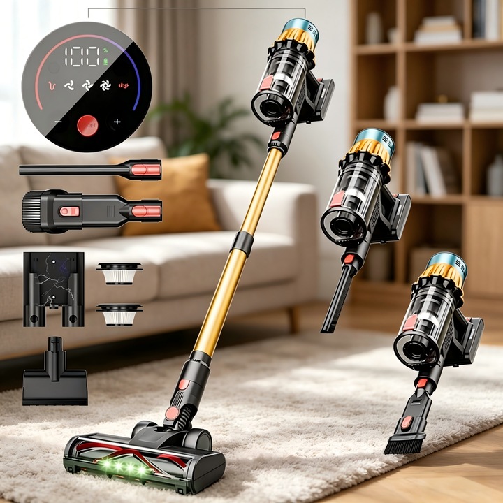 Aspirator vertical, Wacorresi, Aspirator vertical fara fir, 650W fara perii, Baterie 17600mAh, acumulator Li 22V, autonomie pana la 50 min, aspirator vertical sau de mana, Tub extensibil, auriu
