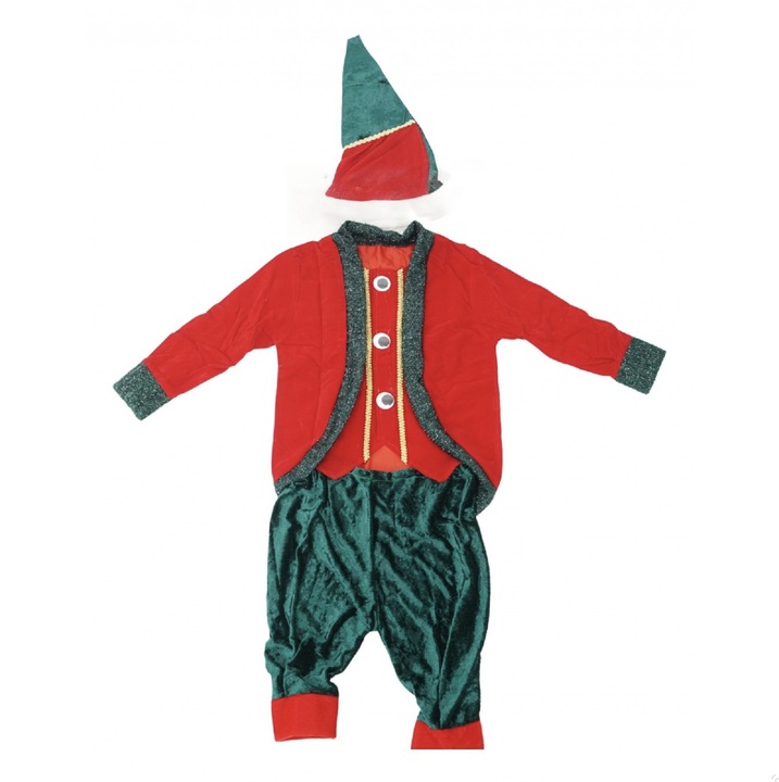 Costum tema Craciun, model Spiridus, 10 - 13 ani, catifea, Rosu-Verde