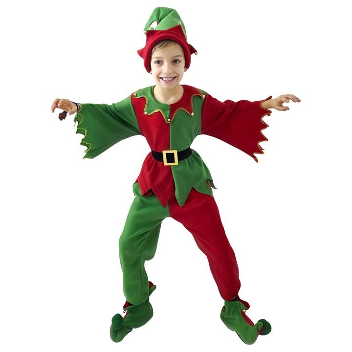 Costum Craciun baieti FashionForYou, model ELFIN Candy – set 4 piese: bluza, pantaloni, botosei si caciula, Marime 160(10 ani)