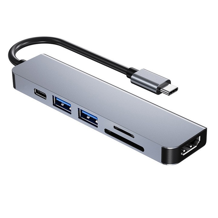 Hub USB C 6 în 1, HDMI 4K, USB 3.0 x2, cititor card SD/TF, gri