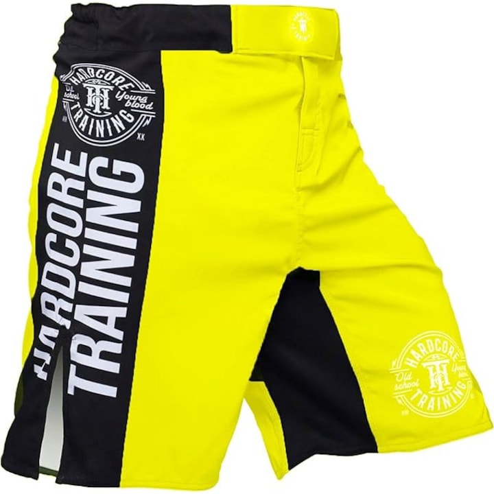 Pantaloni scurți sportivi Hardcore Training, pentru Muay Thai și MMA, verde neon cu negru, mărimea S
