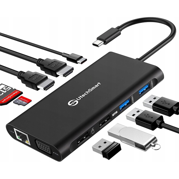 Докинг станция UtechSmart UCN3270, 11 порта, USB-C, HDMI, VGA, SD/TF, Ethernet