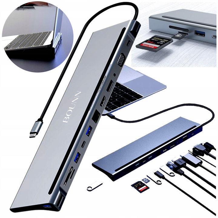Адаптер USB-C 12-в-1 Bounn: 4K HDMI, DP, VGA, RJ45, USB 3.0