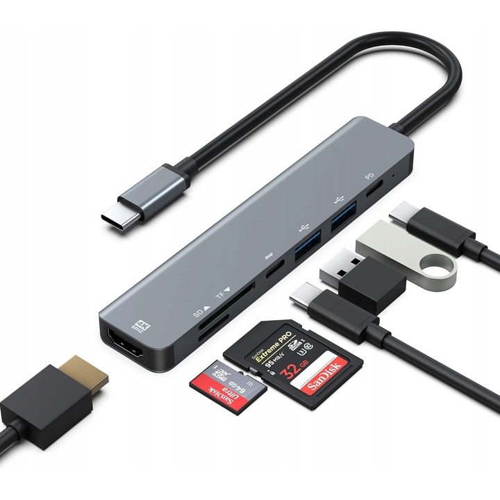 Адаптер USB-C 7-в-1: HDMI 4K, PD, 2xUSB, SD/TF