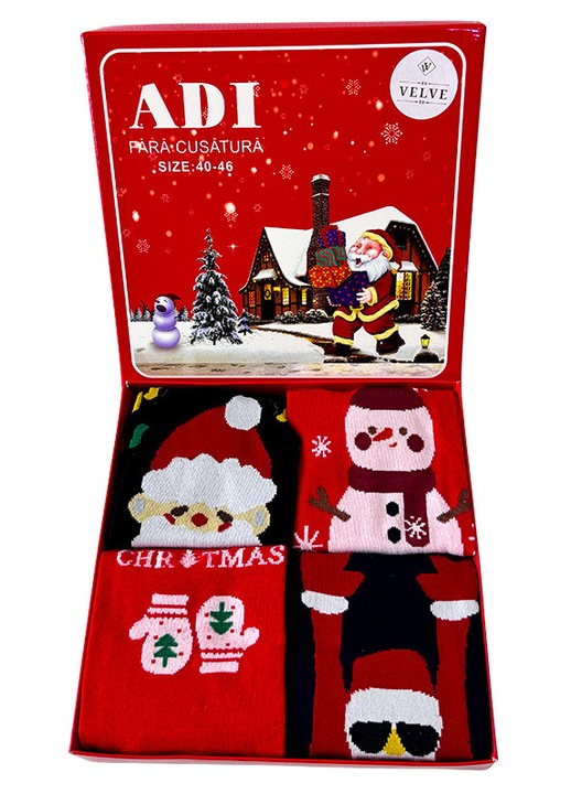 Set sosete barbati „Adi”, in cutie cadou festiva cu 4 perechi, marimi 40–46, model 1, Rosu, Velve