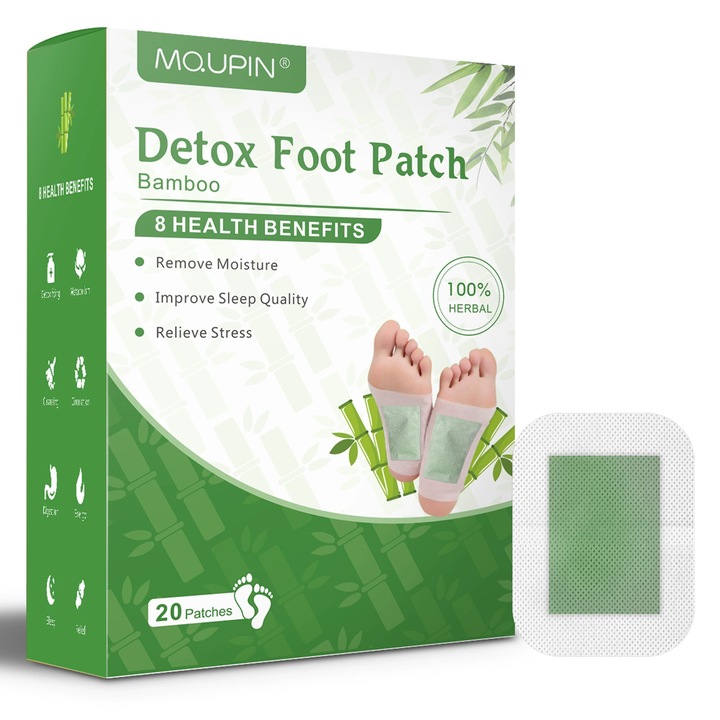 MO.UPIN méregtelenítő tapaszok lábra, 20 darab, bambusz és zöld tea kivonattal, méregtelenítésre és relaxációra, uniszex