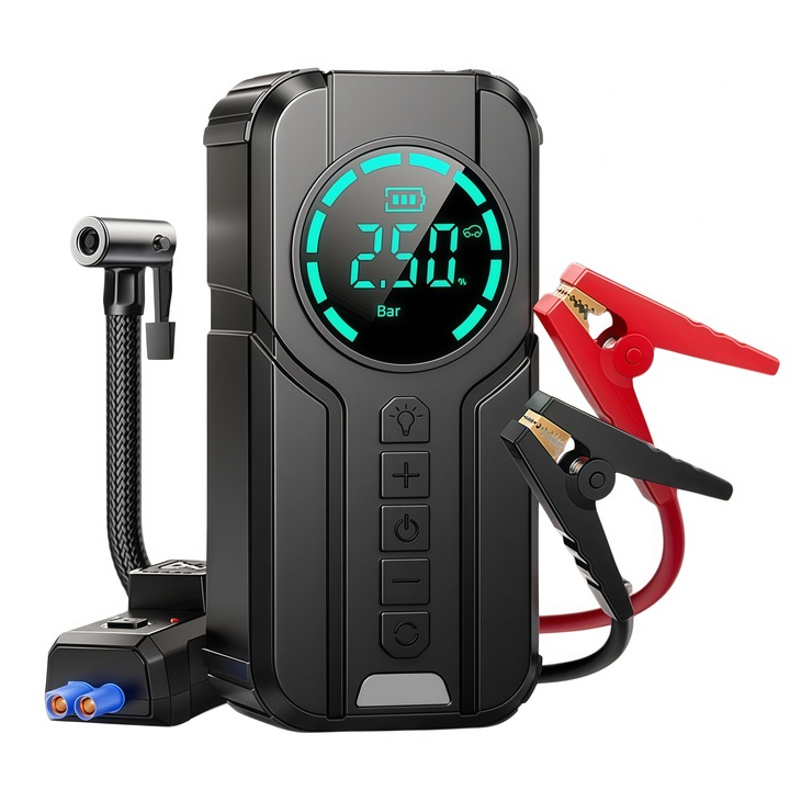 Starter Auto si Compresor Aer 4-in-1, AjieQaQ®, puternic 22980mAh, curent maxim 2000A, pentru motoare 6L benzina sau 3L diesel, cu lanterna, powerbank USB, clesti inteligenti, husa transport, redresor auto profesional, kit portabil de urgenta